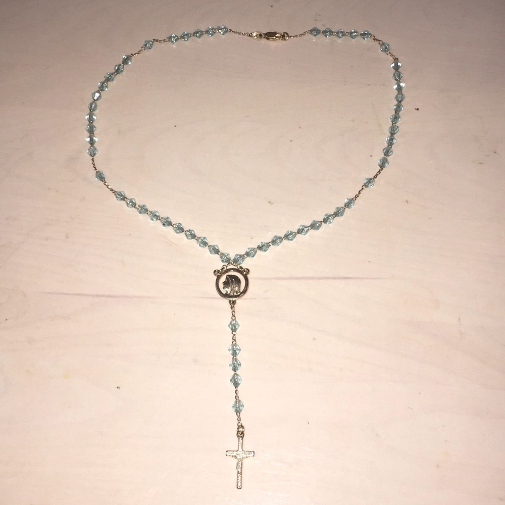 Aqua Blue Crystal Rosary Baptism 1st Communion Necklace